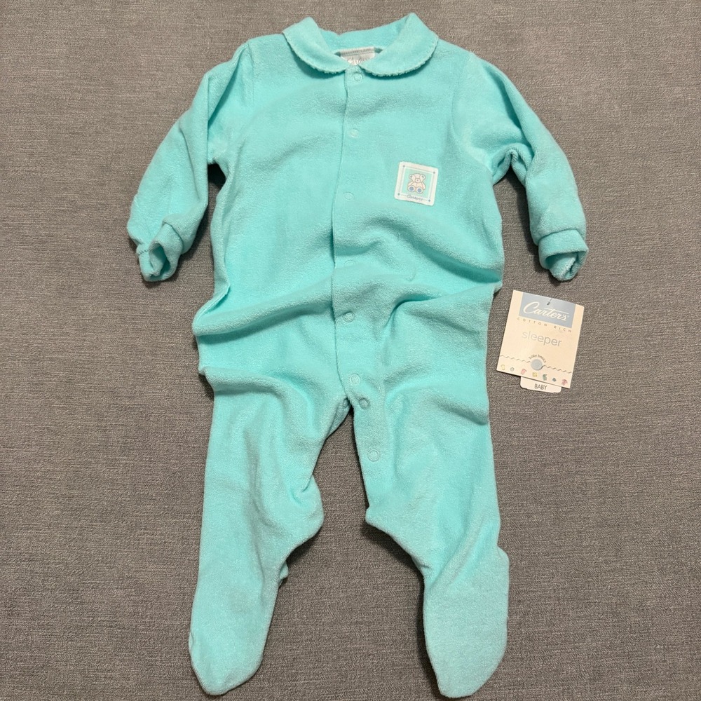 Carters Vintage Baby Cotton Sleeper Teal Blue Terry Footed Pajamas 6-9M‎ NWT